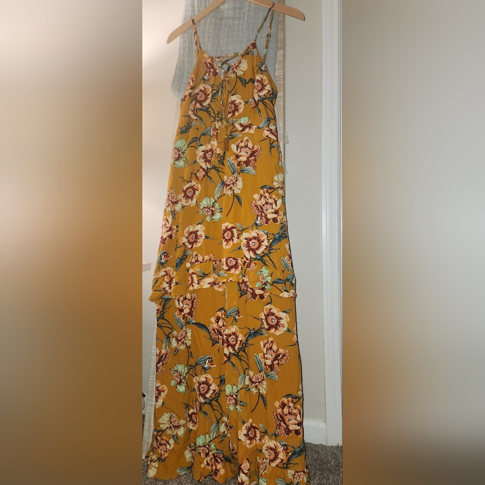Floral Spaghetti-Strap Maxi Dress - Mustard